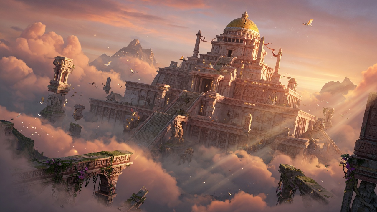 Majestic floating temple in surreal setting