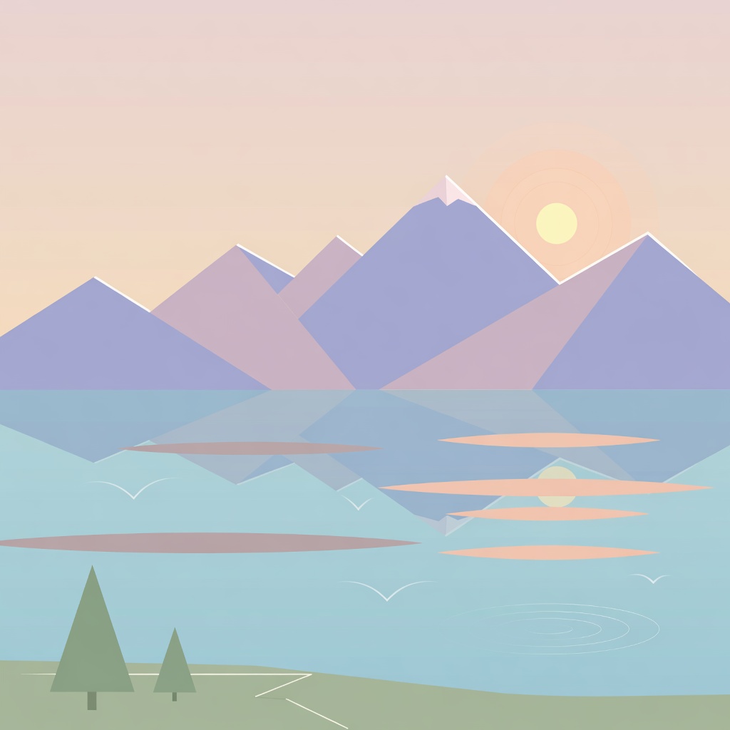 Serene minimalist mountain lake at dawn