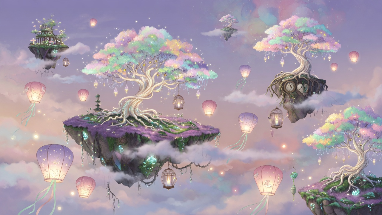 Dreamlike floating islands with ethereal vibe