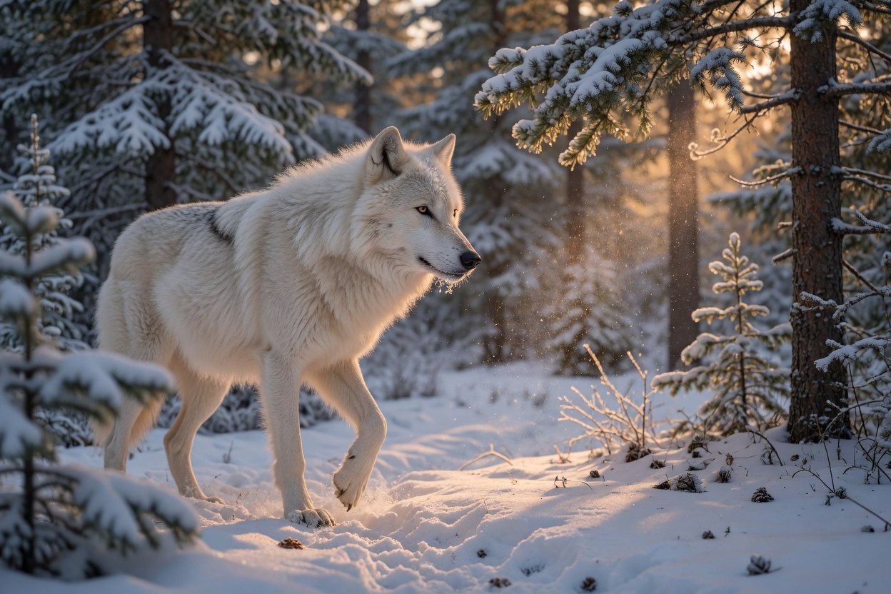 Mysterious white wolf in enchanted forest